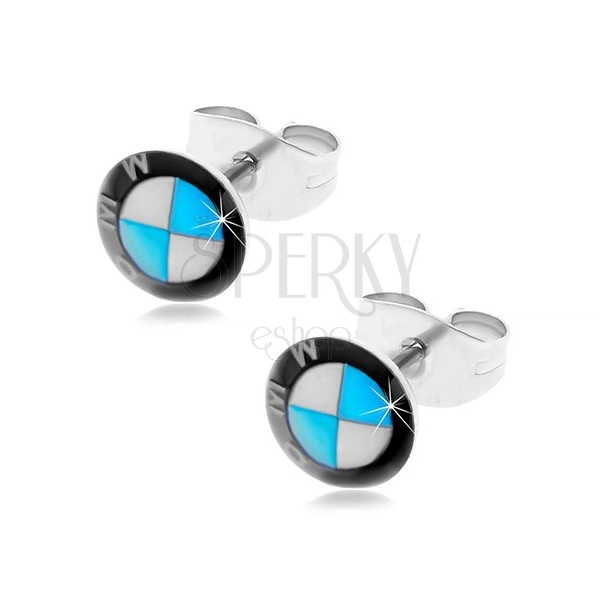 Okrogli jekleni uhani - logotip avtomobilske znamke v črni, beli in modri barvi, čepki