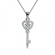 Ogrlica iz srebra 925, verižica in obesek, lesketav ključ s srcem
