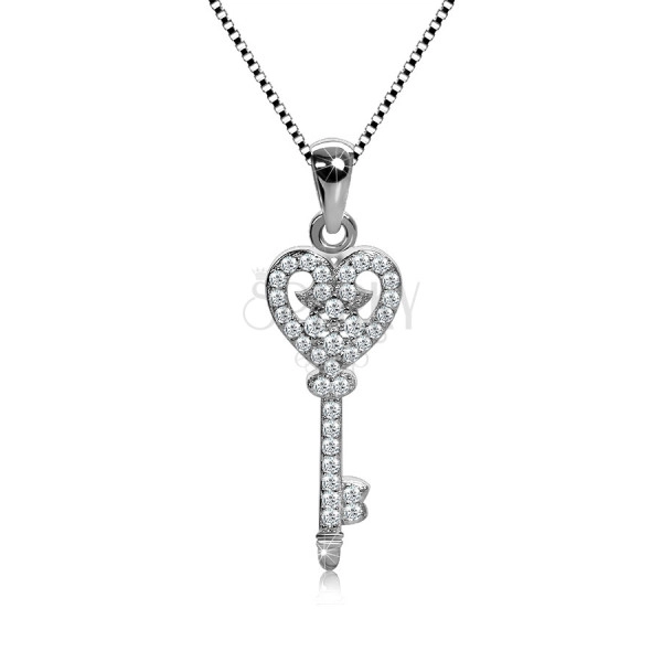 Ogrlica iz srebra 925, verižica in obesek, lesketav ključ s srcem