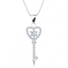 Ogrlica iz srebra 925 - verižica z obeskom, cirkonski ključ - srce, cvet