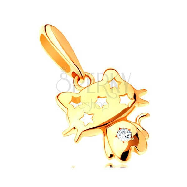 Obesek iz rumenega 14K zlata - sijoča mačka, prozoren cirkon, zvezde