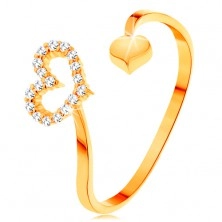 Prstan iz zlata 585 - ukrivljena kraka s konturo srca in polnim srcem na koncih