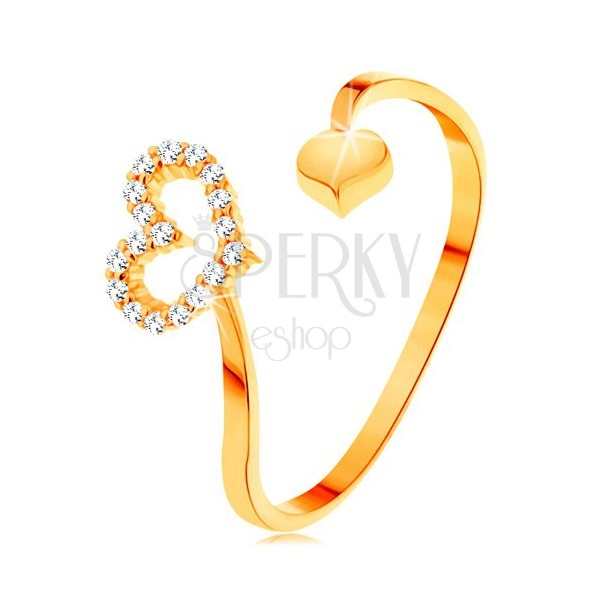 Prstan iz zlata 585 - ukrivljena kraka s konturo srca in polnim srcem na koncih