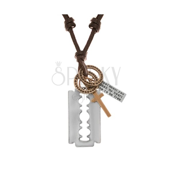 Nastavljiva usnjena ogrlica, obeski - britvica, križ, ploščica in obročka