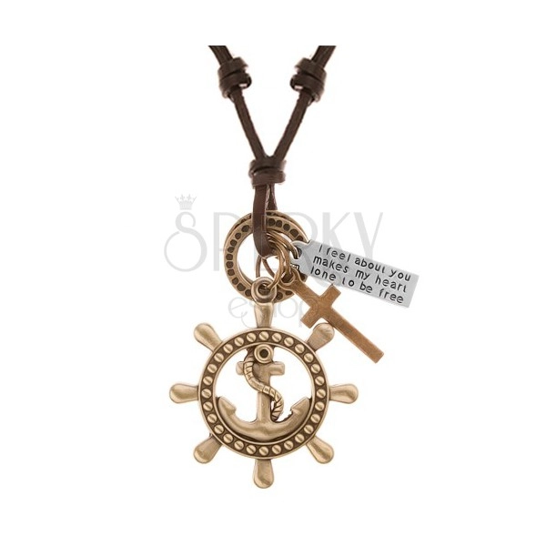 Usnjena ogrlica rjave barve, obeski - krmilo s sidrom, križ, ploščica