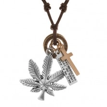 Ogrlica - vrvica iz umetnega usnja z obeski, list konoplje, križ, ploščica in obročka