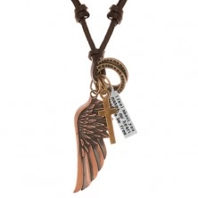 Nastavljiva usnjena ogrlica, obeski - angelsko krilo, obročka, križ in ploščica