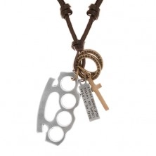 Ogrlica iz umetnega usnja z obeski - boksar, križ, ploščica in obročka