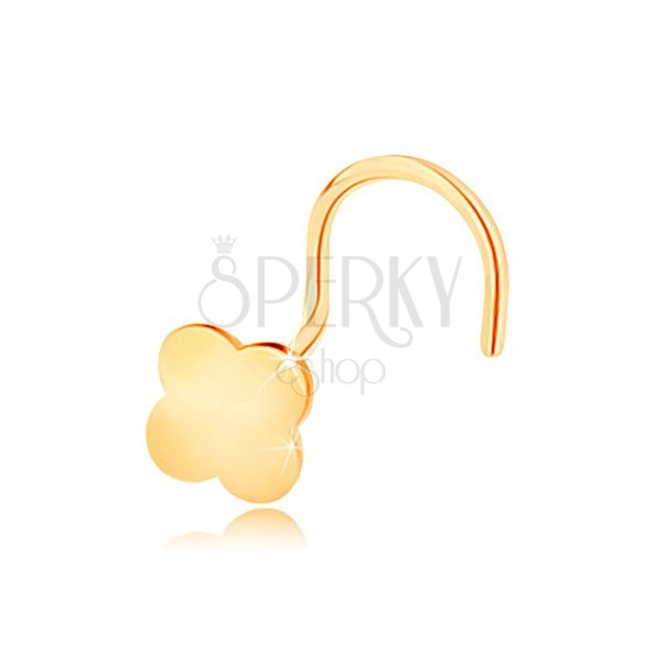Zavit piercing za nos iz rumenega 14K zlata - štiriperesna deteljica za srečo