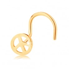 Piercing za nos iz zlata 585, zavit - okrogel simbol miru, sijoča površina