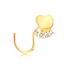 Piercing za nos iz rumenega 14K zlata - sijoče srce, vrsta prozornih cirkonov