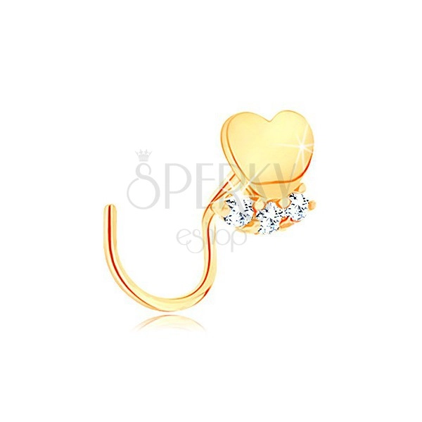 Piercing za nos iz rumenega 14K zlata - sijoče srce, vrsta prozornih cirkonov