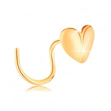 Piercing za nos iz zlata 585, zavit - sijoče srce, ukrivljeno na sredini