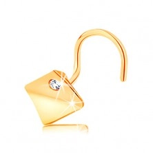 Piercing za nos iz 14k zlata - ukrivljen kvadrat s prozornim cirkonom