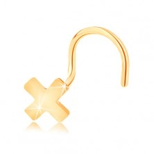 Piercing za nos iz 14k zlata - majhna sijoča črka X, ukrivljen