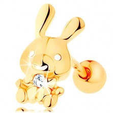Piercing za uho iz rumenega 14K zlata - sijoč zajček s prozornim cirkonom