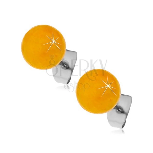 Vtični jekleni uhani, rumeno-oranžni kroglici, 8 mm