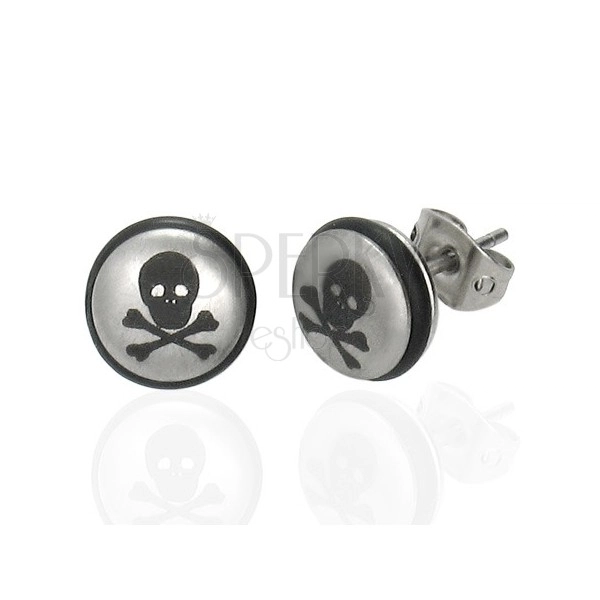Jekleni uhani srebrne barve, kroglica z lobanjo in črno gumico