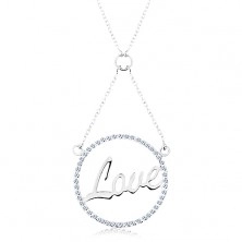 Ogrlica iz srebra 925, obesek na verižici - obroč iz cirkonov, napis LOVE