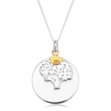 Ogrlica iz srebra 925, okrogel obesek - drevo življenja, ptica zlate barve