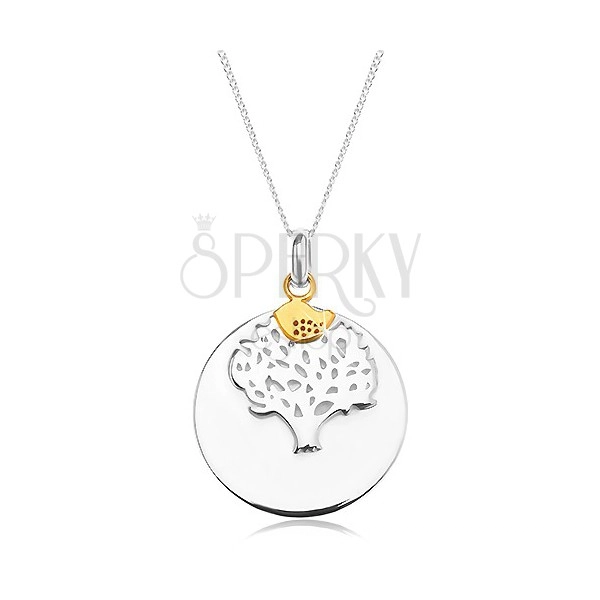 Ogrlica iz srebra 925, okrogel obesek - drevo življenja, ptica zlate barve