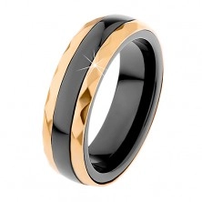 Keramični prstan črne barve, jeklena trakova v zlatem odtenku