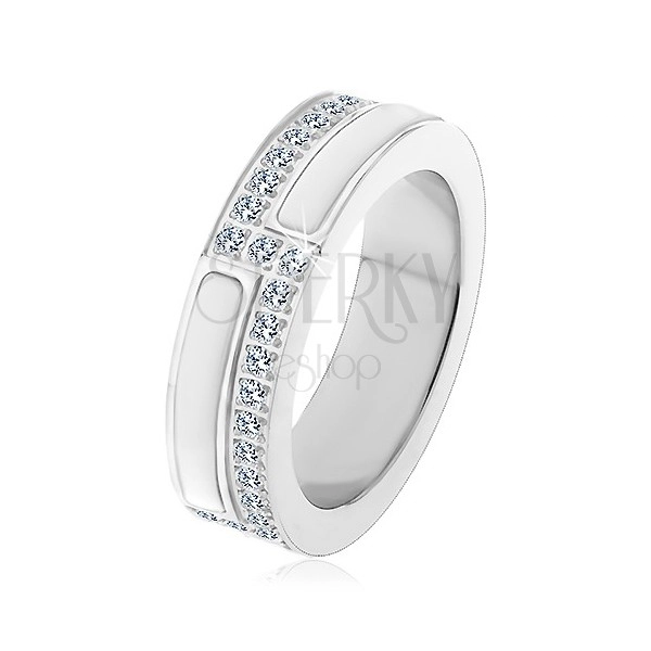Jeklen poročni prstan srebrne barve, linije iz bele keramike in prozornih cirkonov