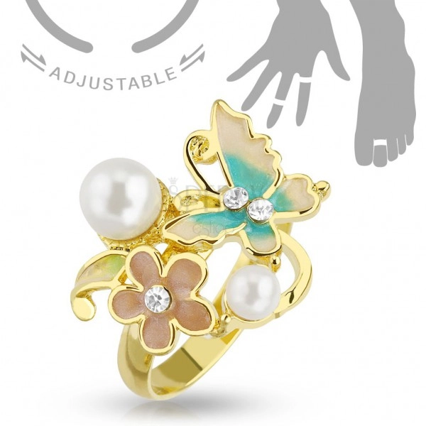 Prilagodljiv prstan za prste na roki ali nogi, zlate barve, metulj, cvetovi in perle