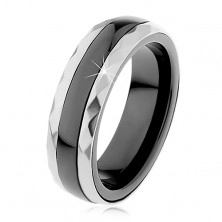 Keramični prstan črne barve, jekleni trakovi srebrne barve