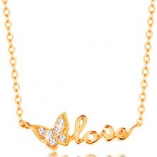 Ogrlica iz rumenega 14k zlata - verižica iz ovalnih členov, metulj in napis LOVE