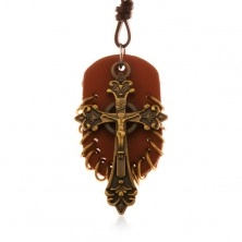 Usnjena ogrlica, obeski - rjav oval z majhnimi obroči in keltski križ
