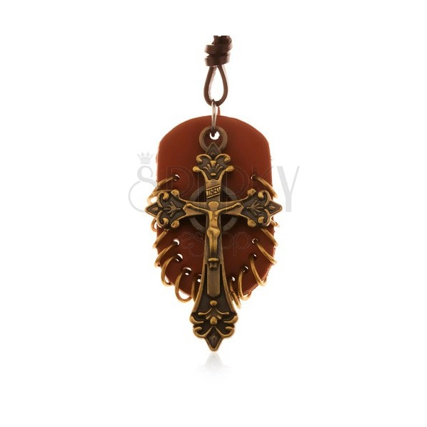 Usnjena ogrlica, obeski - rjav oval z majhnimi obroči in keltski križ