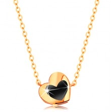 Ogrlica iz rumenega 14K zlata - sijoče srce s črno glazuro, verižica