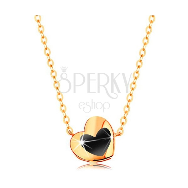 Ogrlica iz rumenega 14K zlata - sijoče srce s črno glazuro, verižica