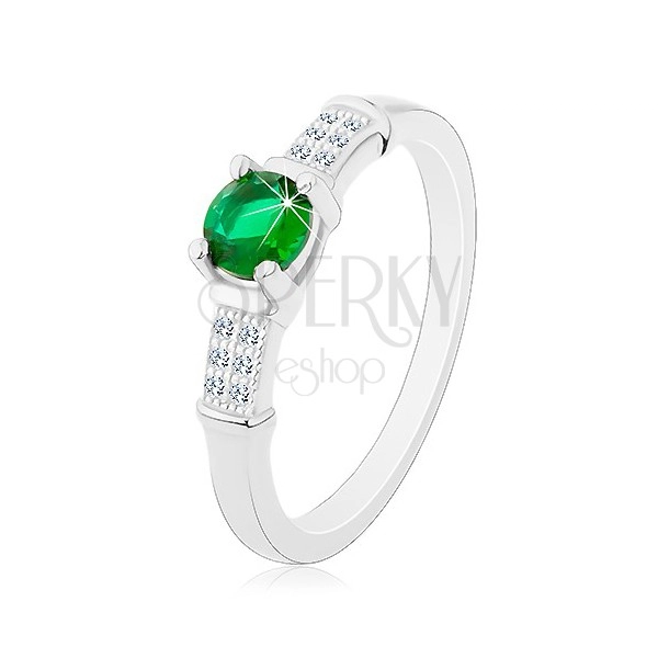 Zaročni prstan iz srebra 925, cirkonska kraka, okrogel zelen cirkon