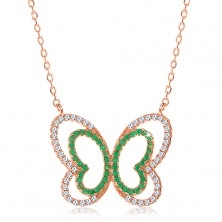 Ogrlica iz srebra 925 bakrene barve, obris bleščečega zeleno-prozornega metulja