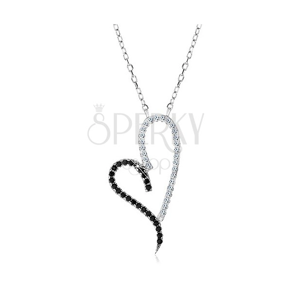 Ogrlica iz srebra 925, obris asimetričnega srca, prozorni in črni cirkoni