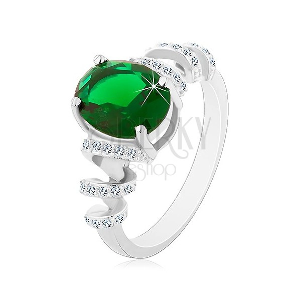 Zaročni prstan, prevlečen z rodijem, srebro 925, ovalen zelen cirkon, bleščeča spirala