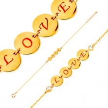 Zapestnica iz rumenega 14K zlata - štirje sijoči krogi z napisom LOVE, cirkoni, 185 mm