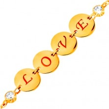 Zapestnica iz rumenega 14K zlata - štirje sijoči krogi z napisom LOVE, cirkoni, 185 mm