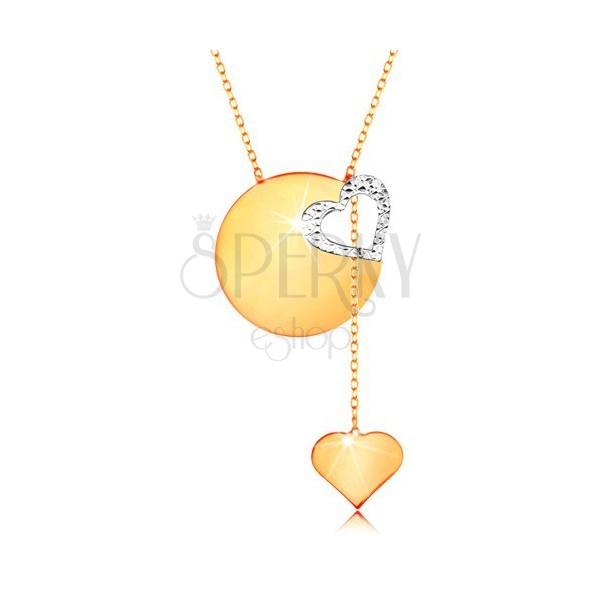 Ogrlica iz zlata 585 - drobna verižica, sijoč ploščat krog, obris srca iz belega zlata