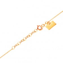 Ogrlica iz zlata 585 - drobna verižica, sijoč ploščat krog, obris srca iz belega zlata