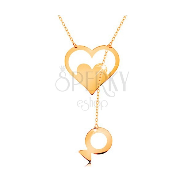 Ogrlica iz rumenega 14K zlata - obris srca s polnim srcem in viseča riba