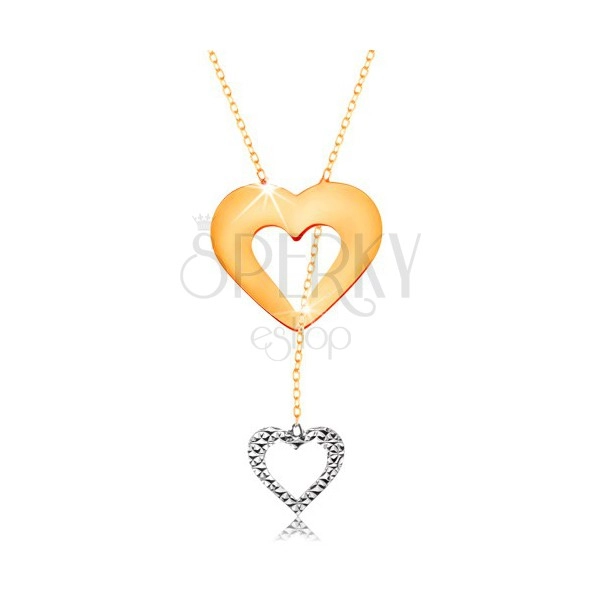 Ogrlica iz 14K zlata - tanka verižica, obris srca in viseče srce