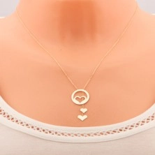 Ogrlica iz zlata 585 - obris srca v obroču in dve viseči srci na verižicah