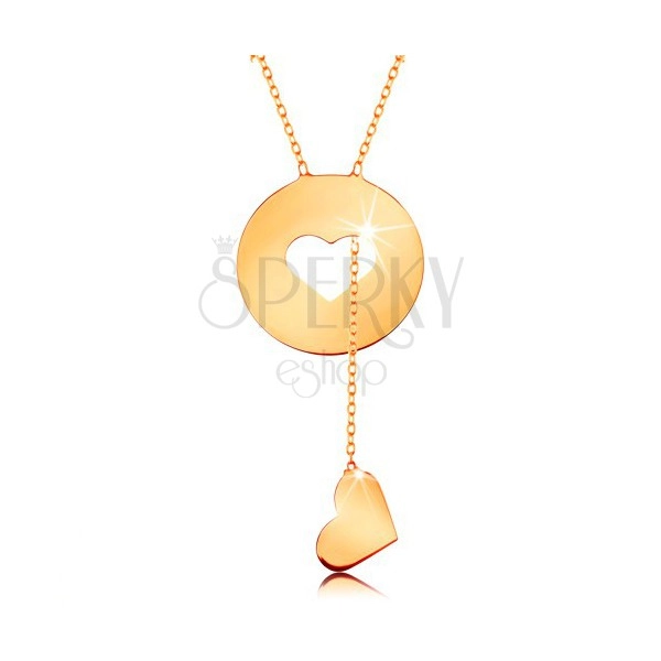Ogrlica iz rumenega 14K zlata - krog z izrezanim srcem in viseče srce