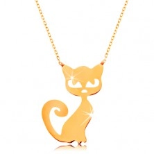 Ogrlica iz 14K zlata - ploščat obesek - mačka, tanka bleščeča verižica