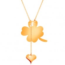 Ogrlica iz rumenega 14K zlata - štirilistna deteljica in viseče srce, sijoča verižica