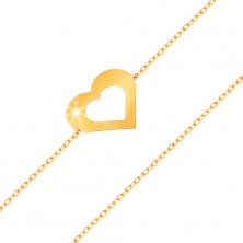 Zapestnica iz rumenega 14K zlata - tanka verižica, obris ploščatega srca, sijoča gladka površina