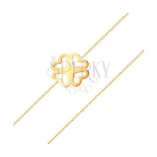 Zapestnica iz rumenega zlata 585 - ozka verižica, izrezana štirilistna deteljica